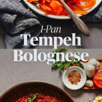 Plate and pan of vegan gluten-free Tempeh Bolognese