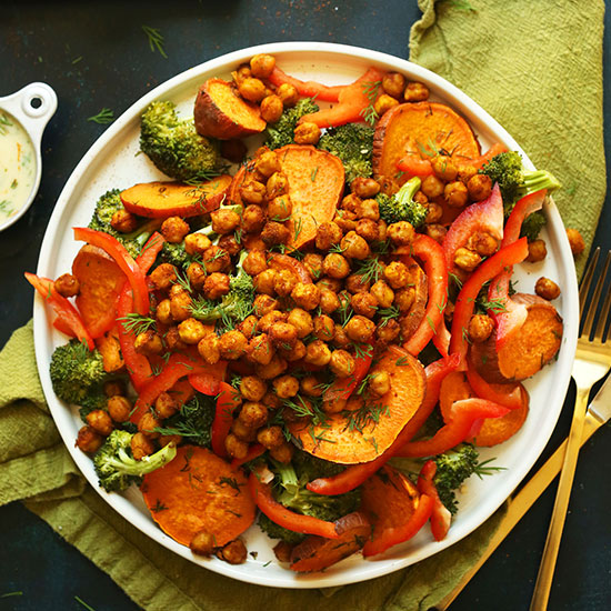 Big plate filled with our Roasted Broccoli Sweet Potato Chickpea Salad