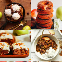 Photos of apple desserts including sundaes, donuts, cake, crisp, and cheesecake