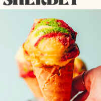 Holding a cone of vegan rainbow sherbet ice cream