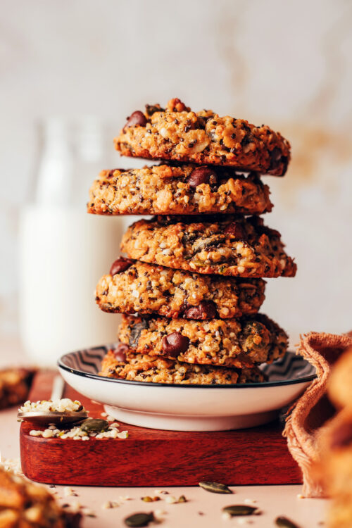 Stack of seedy quinoa breakfast cookies on a plate