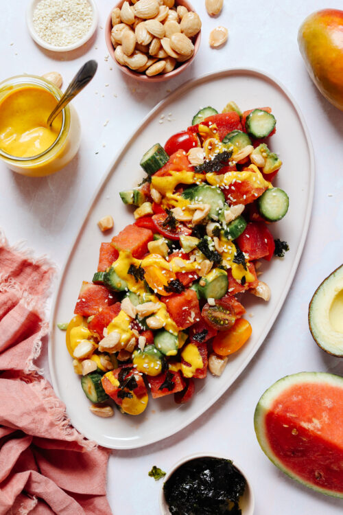 Platter of spicy watermelon salad with mango dressing