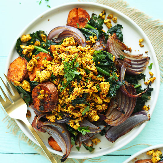 Big plate of our Sweet Potato Kale Breakfast Scramble made with roasted vegetables