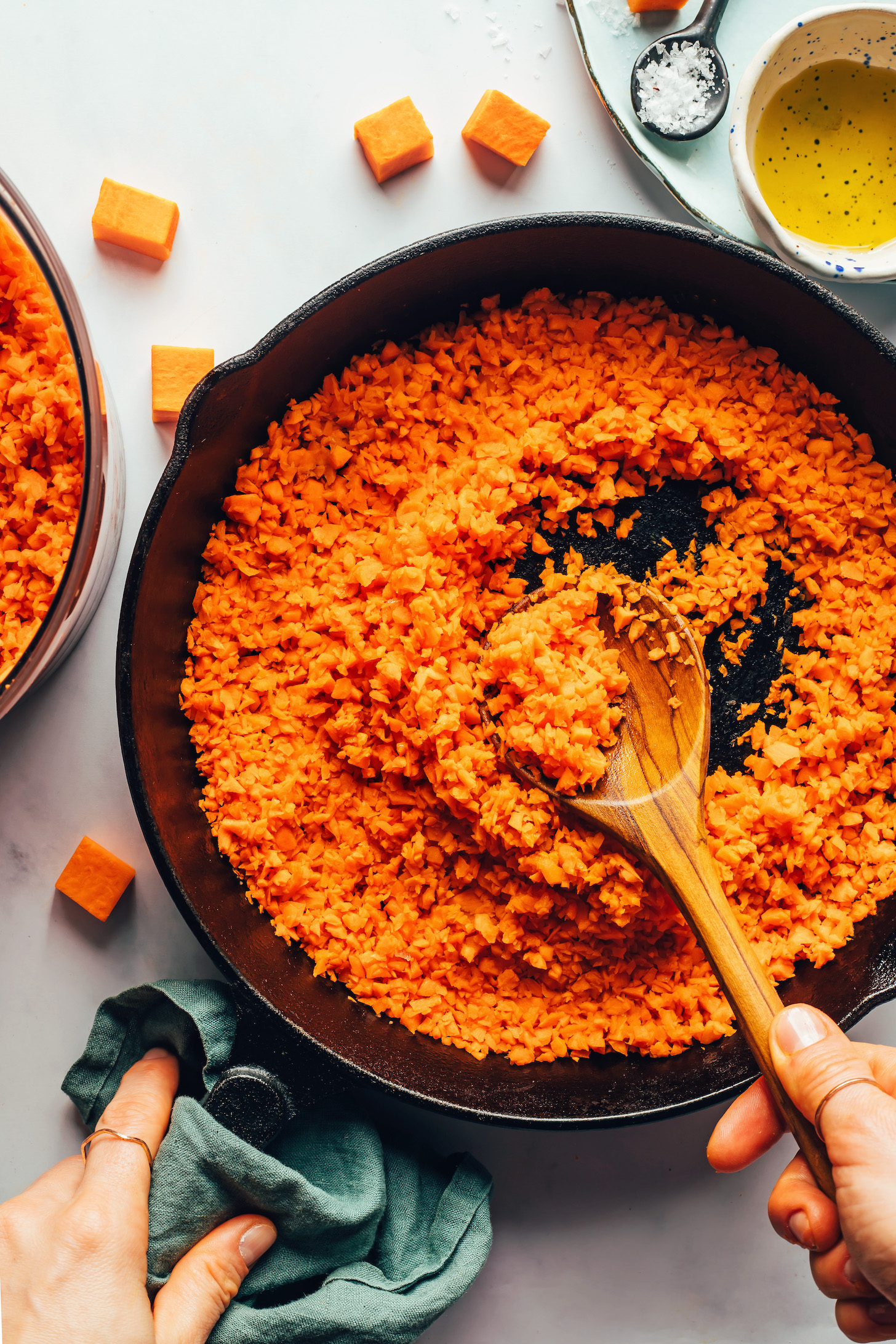 Sweet potato rice in a cast iron skillet before cooking
