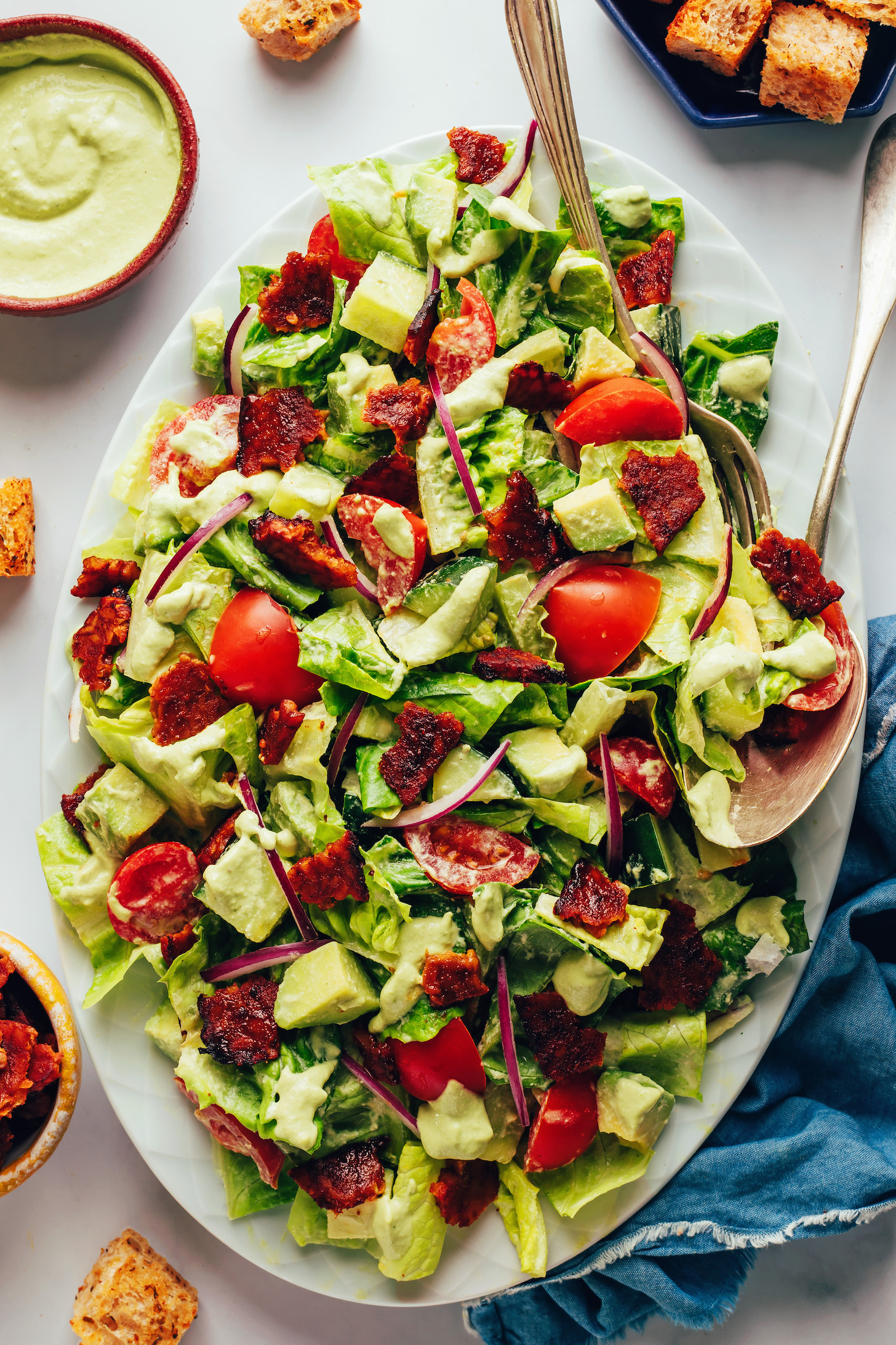 Overhead shot of a platter of our vegan BLT salad recipe