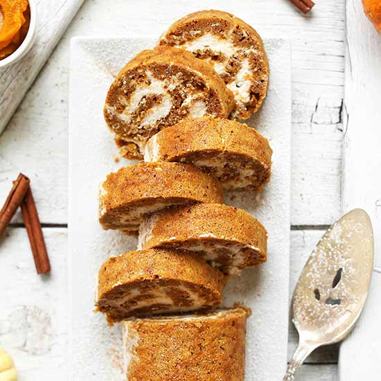 Tray with slices of our Vegan Gluten-Free Pumpkin Roll recipe