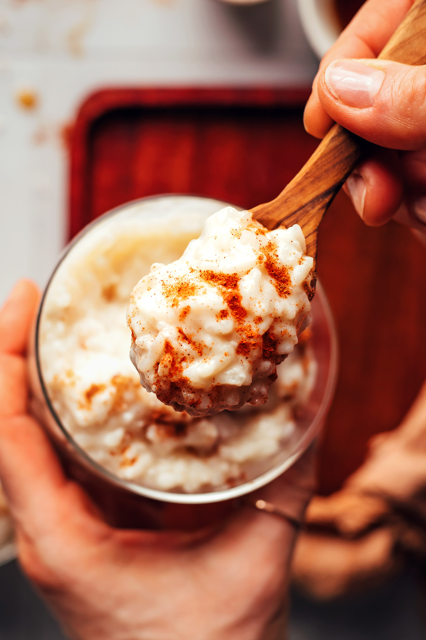 Spoon holding a bite of rice pudding sprinkled with cinnamon